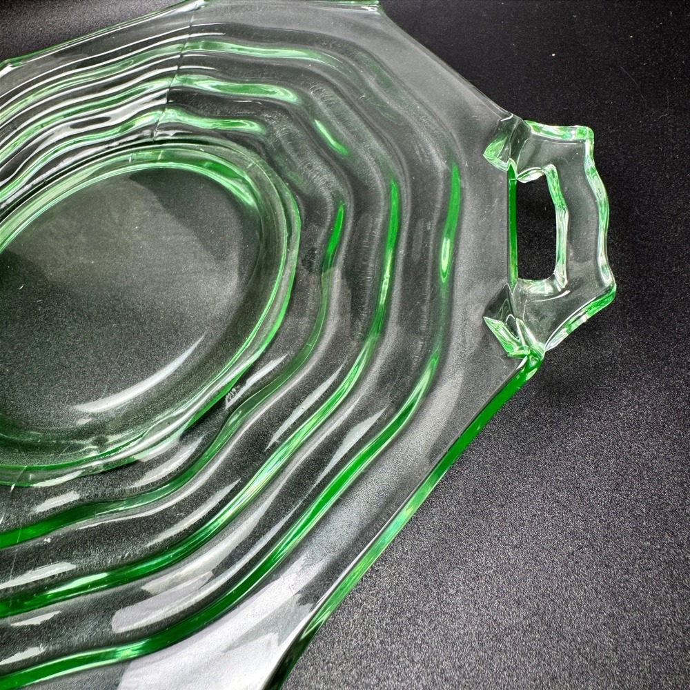 Jenkins Ocean Wave Uranium Glass Handled Cake Plate Platter #190 Depression - Picture 14 of 16